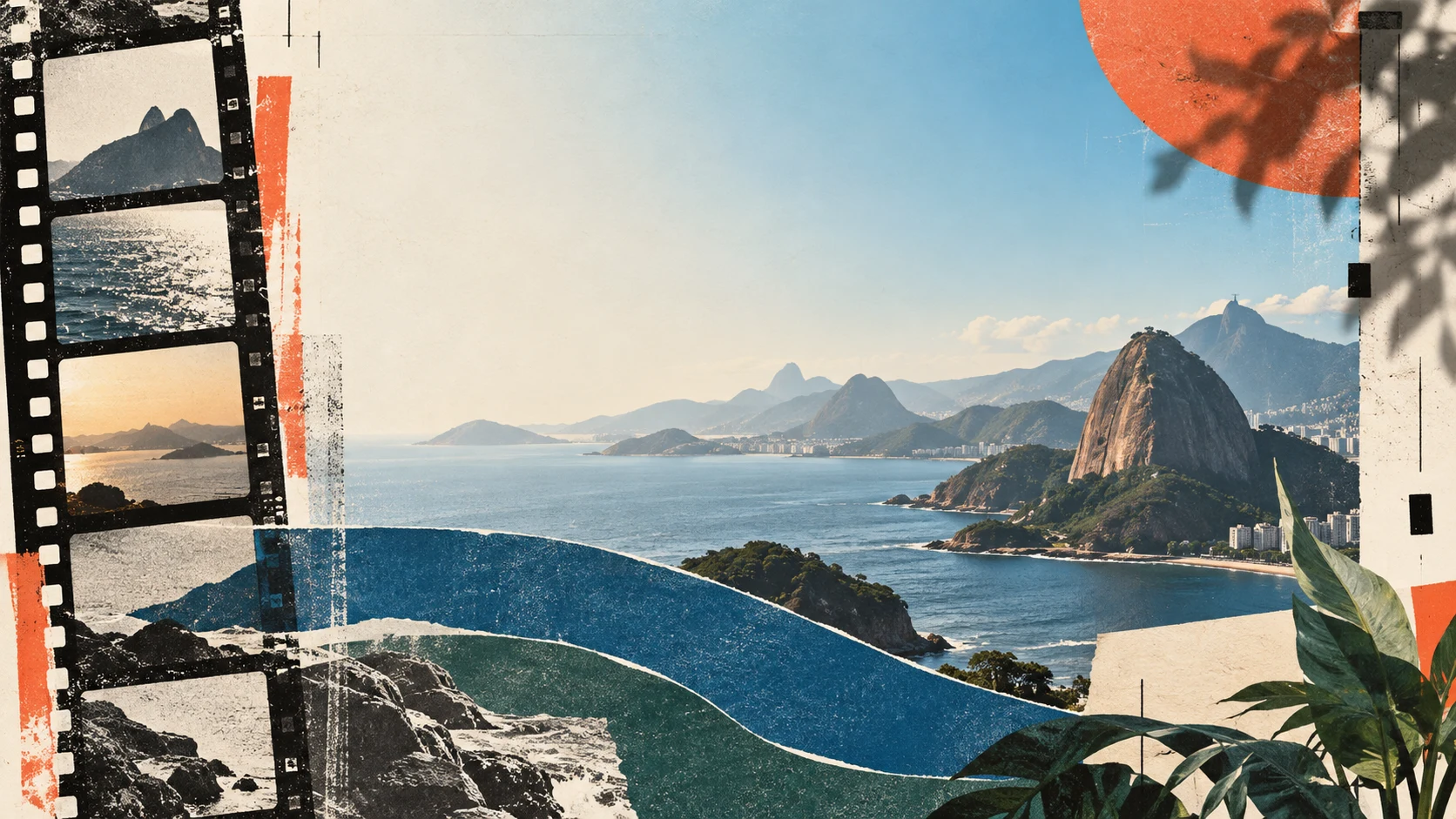 Colagem editorial clara reunindo audiovisual, paisagem do Rio, mar e natureza